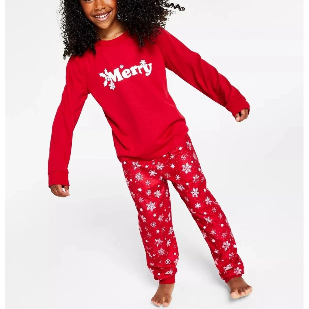 Family Pajamas Unisex Kids Boy Girl 2-Piece Pajama Set, Red Merry Snowflake